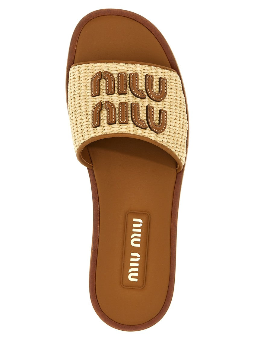 Miu Miu Woven Raffia Sandals With Stitched Leather Logo