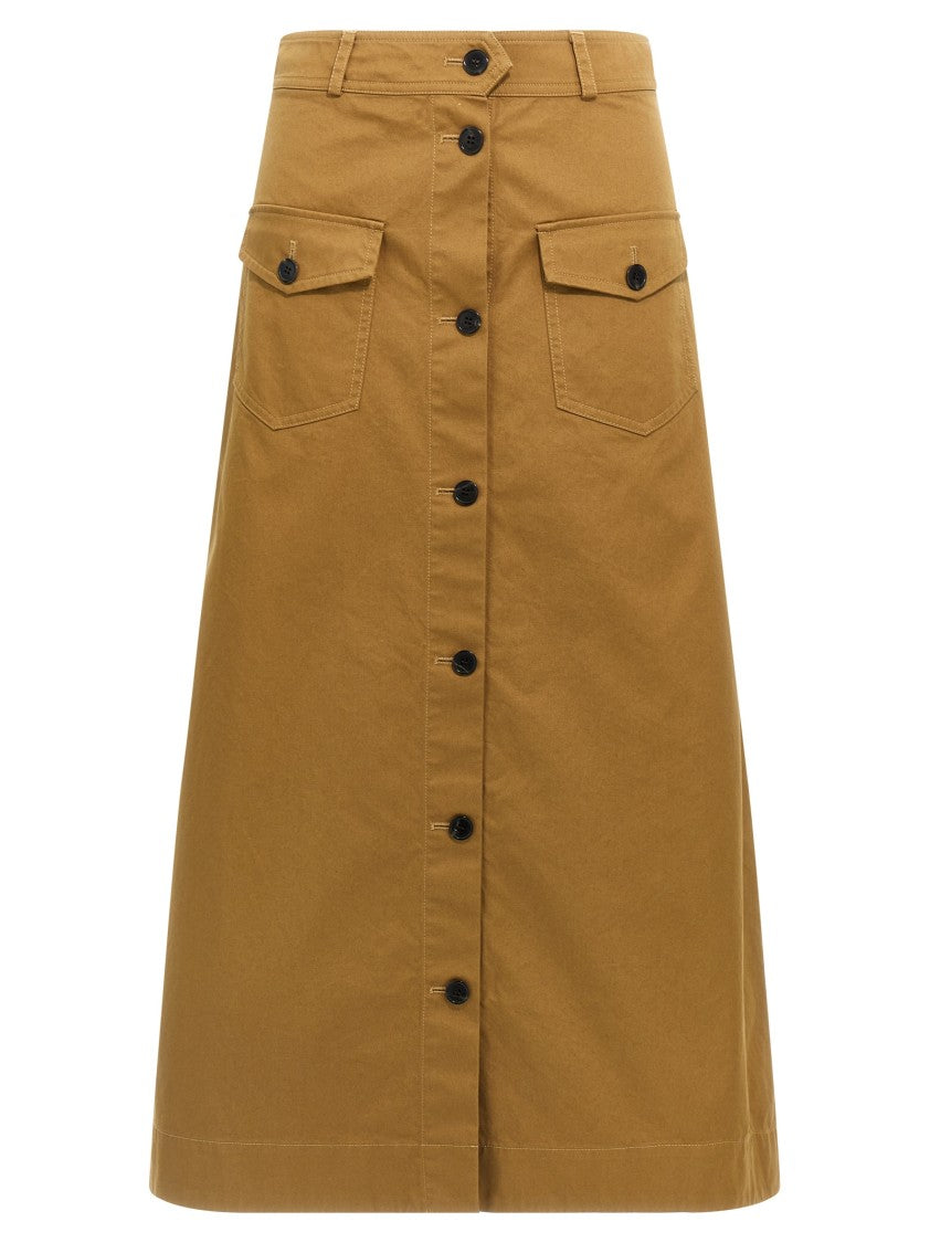 Saint Laurent Brown Cotton Midi Skirt With Button Details And Pockets