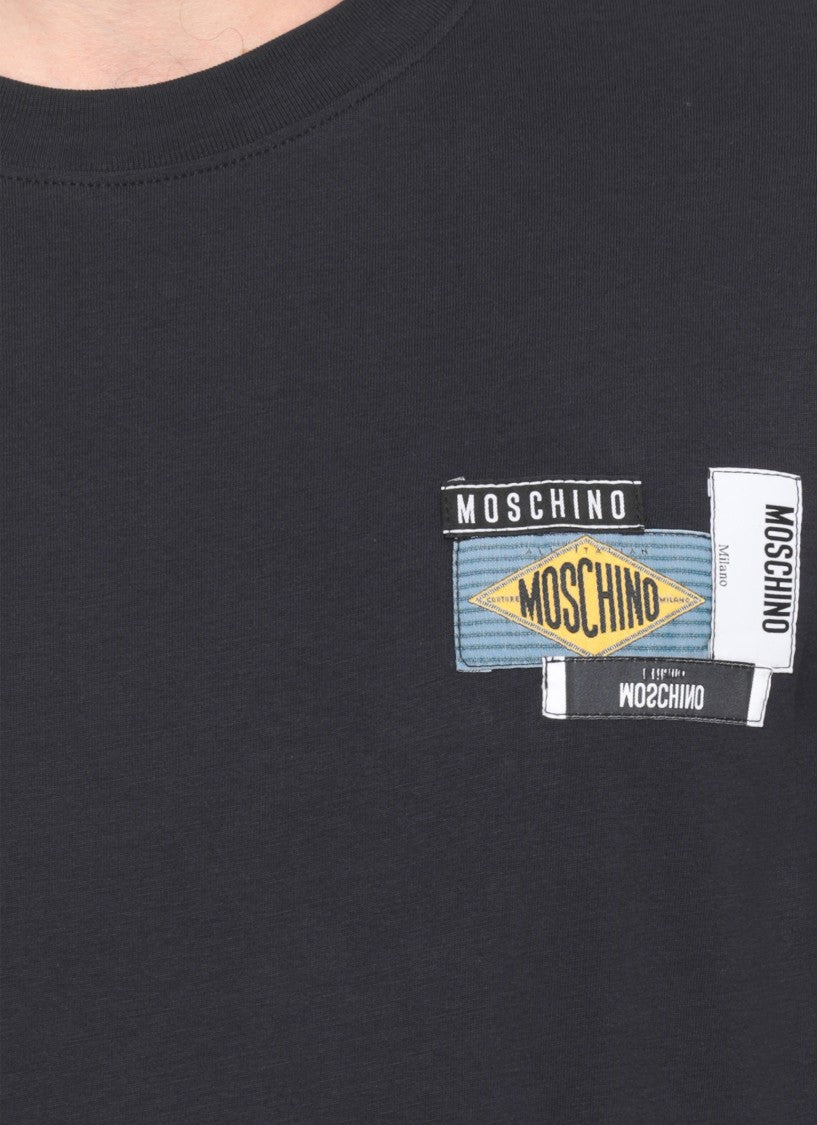 Moschino Blue Embroidered Logo Patch Cotton T-Shirt