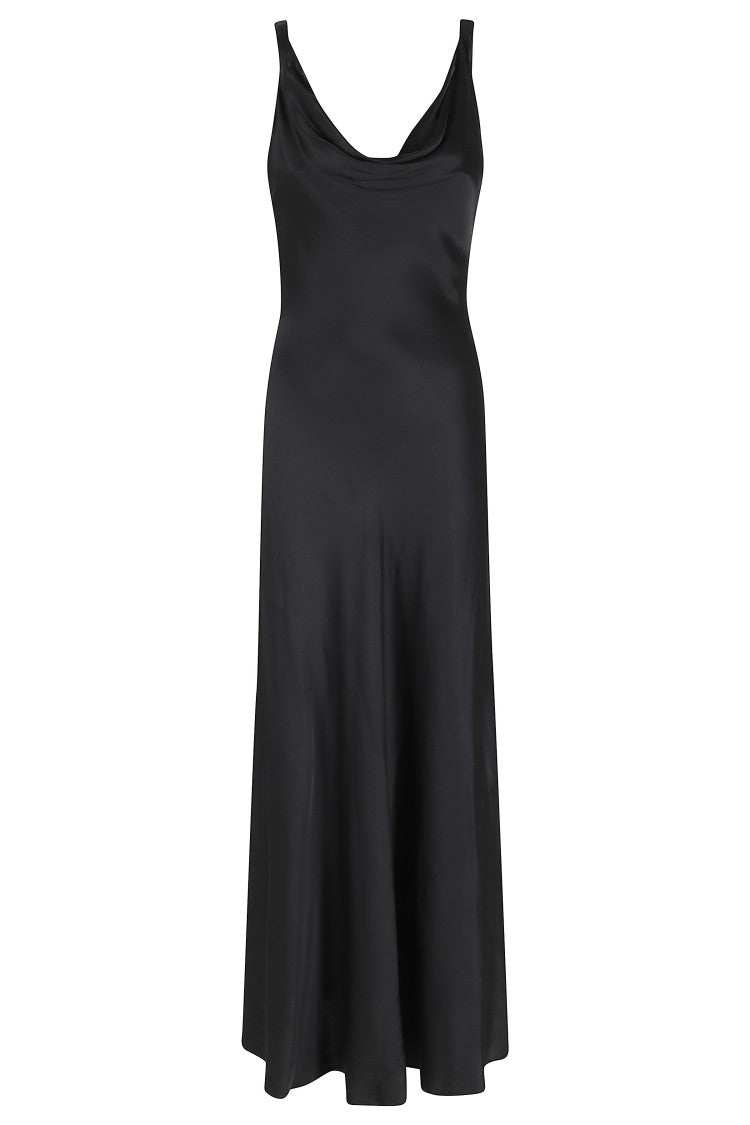 Meimei J. Black Draped Satin Drawstring Viscose Midi Dress