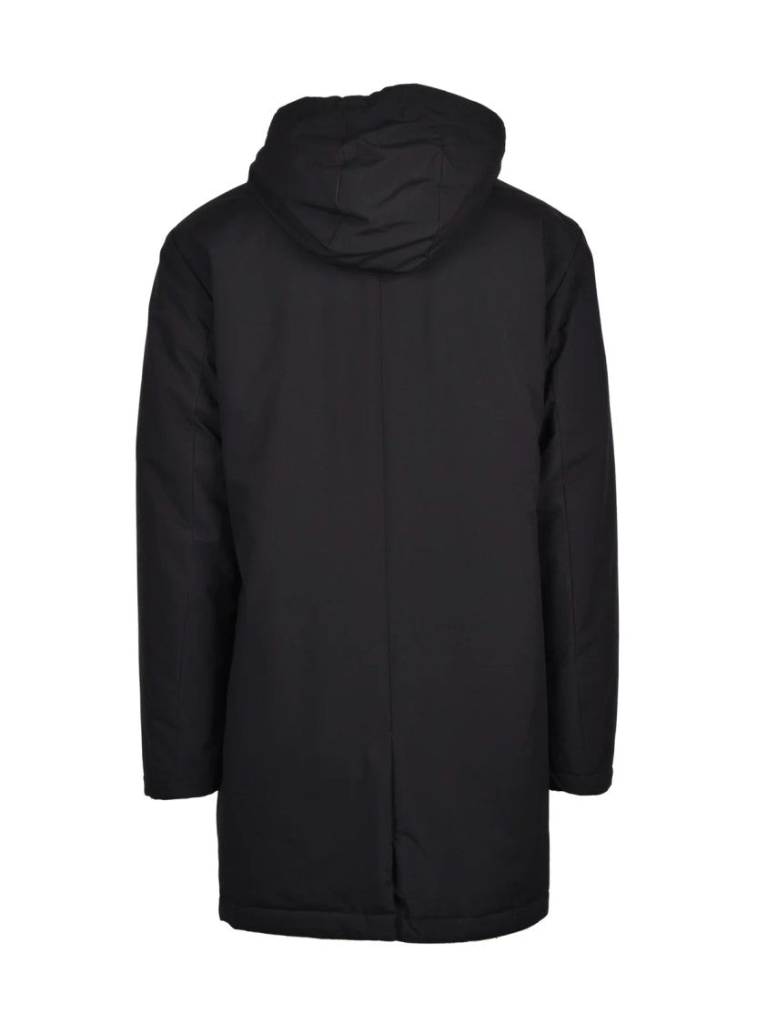 Squad2 Quilted Black Overcoat With Zip Closure And Hood