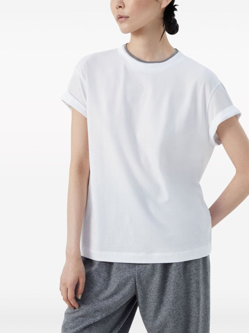 Brunello Cucinelli White Monili Detail Crew Neck Cotton T-Shirt