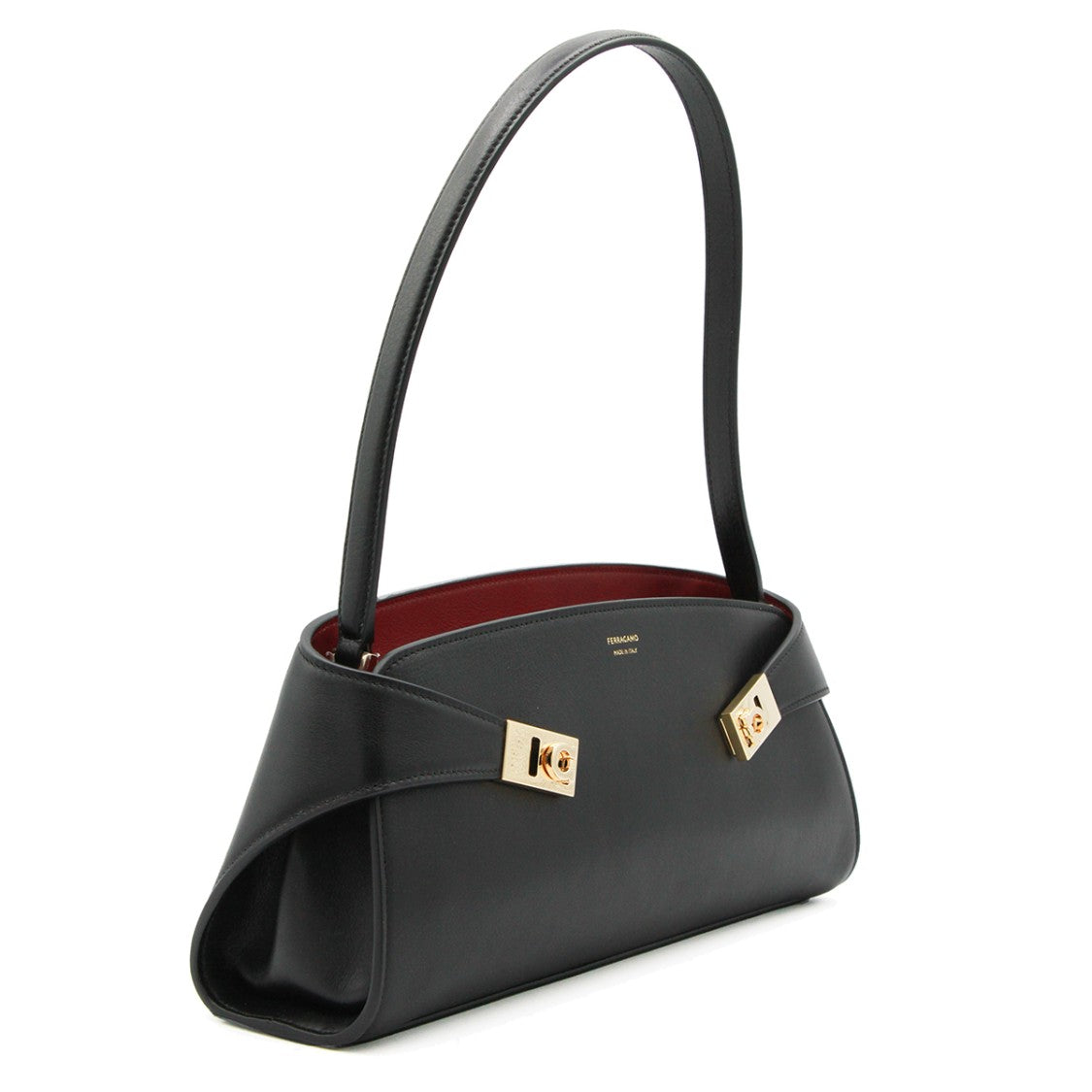 Ferragamo Structured Black Leather East West Shoulder Bag