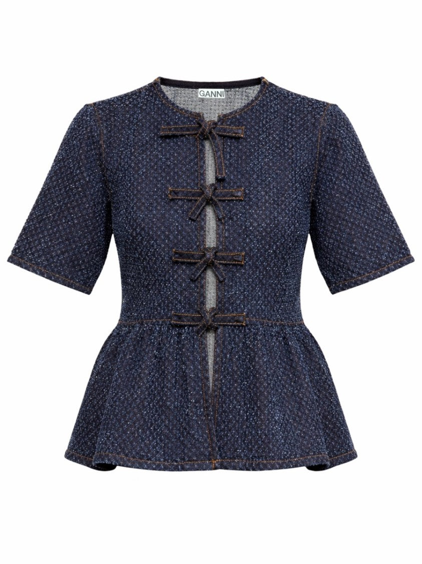 Ganni Neutral Peplum Bow Ties Organic Blouse