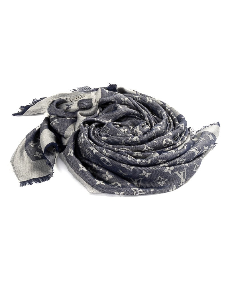 Louis Vuitton Monogram Denim-Effect Square Scarf With Fringed Edges