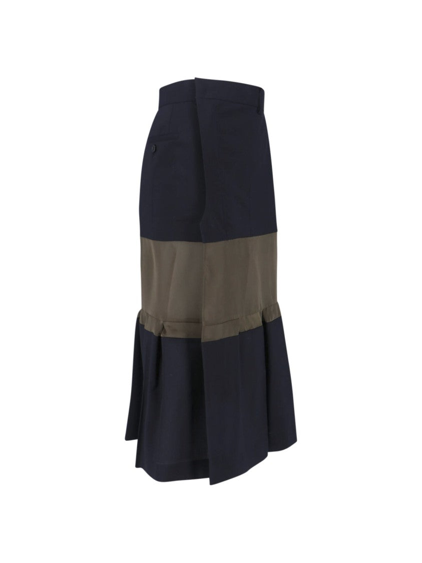 Sacai Black Panel Design Wool Midi Skirt