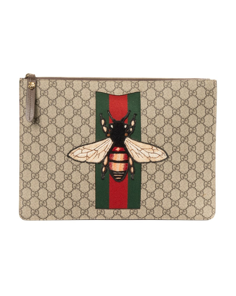 Gucci Brown Large Gg Supreme Bee Canvas Clutch