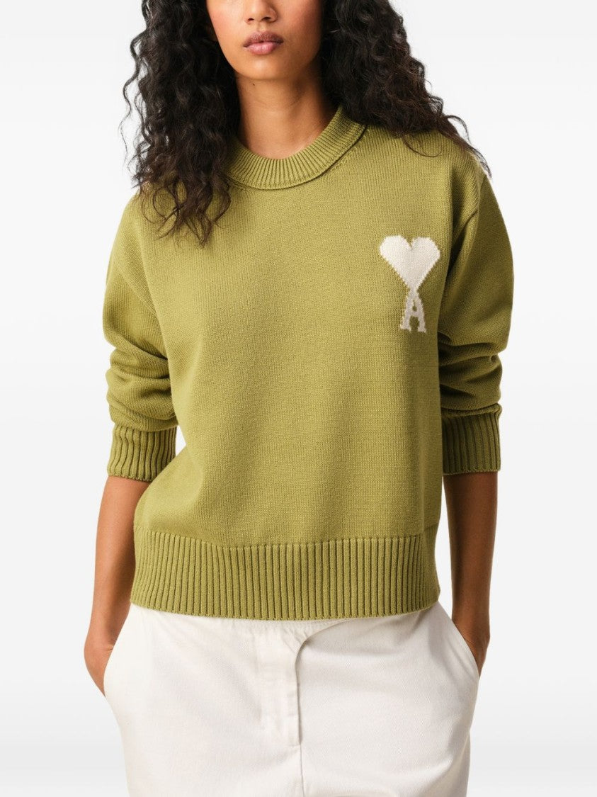 Ami Paris Green Intarsia Logo Wool Sweater