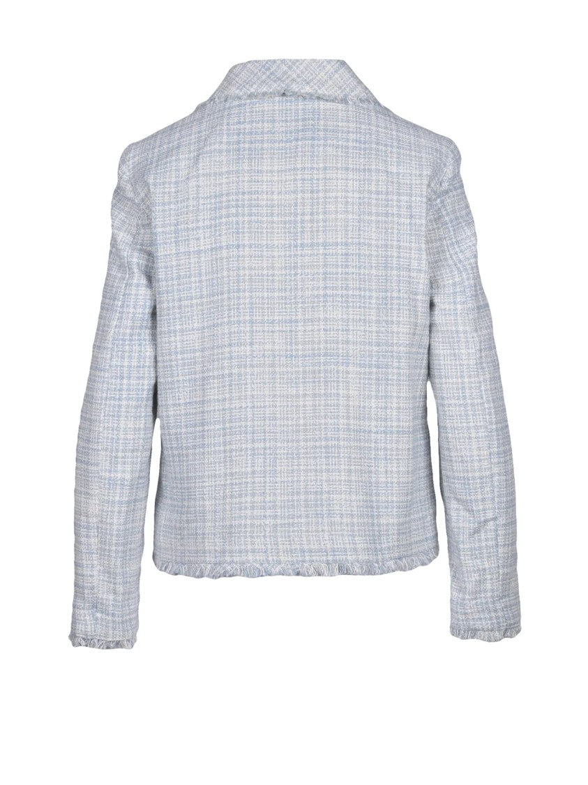 Emme By Marella Light Blue-White Jewel Button Checkered Cotton-Blend Blazer