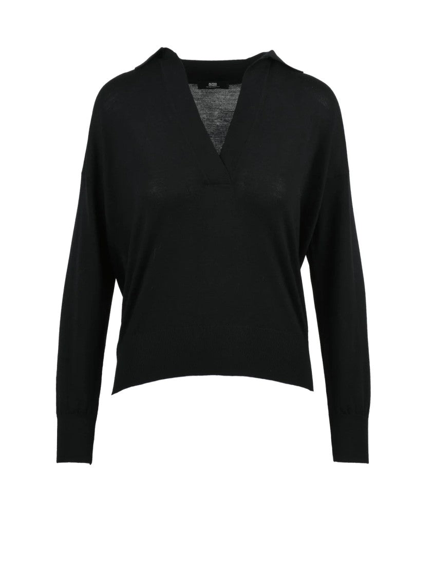 Alpha Studio Black Extrafine Merino Wool Polo Knit Sweater