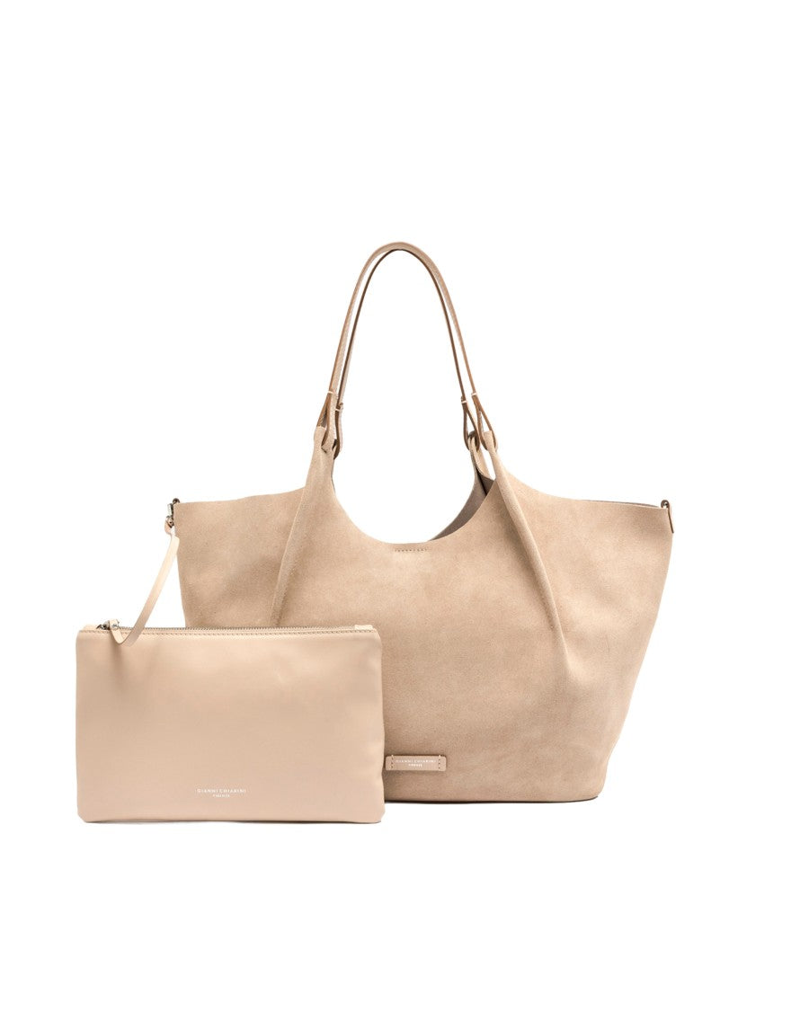 Gianni Chiarini Suede Shoulder Bag With Hammered Leather Trim And Dual Handles