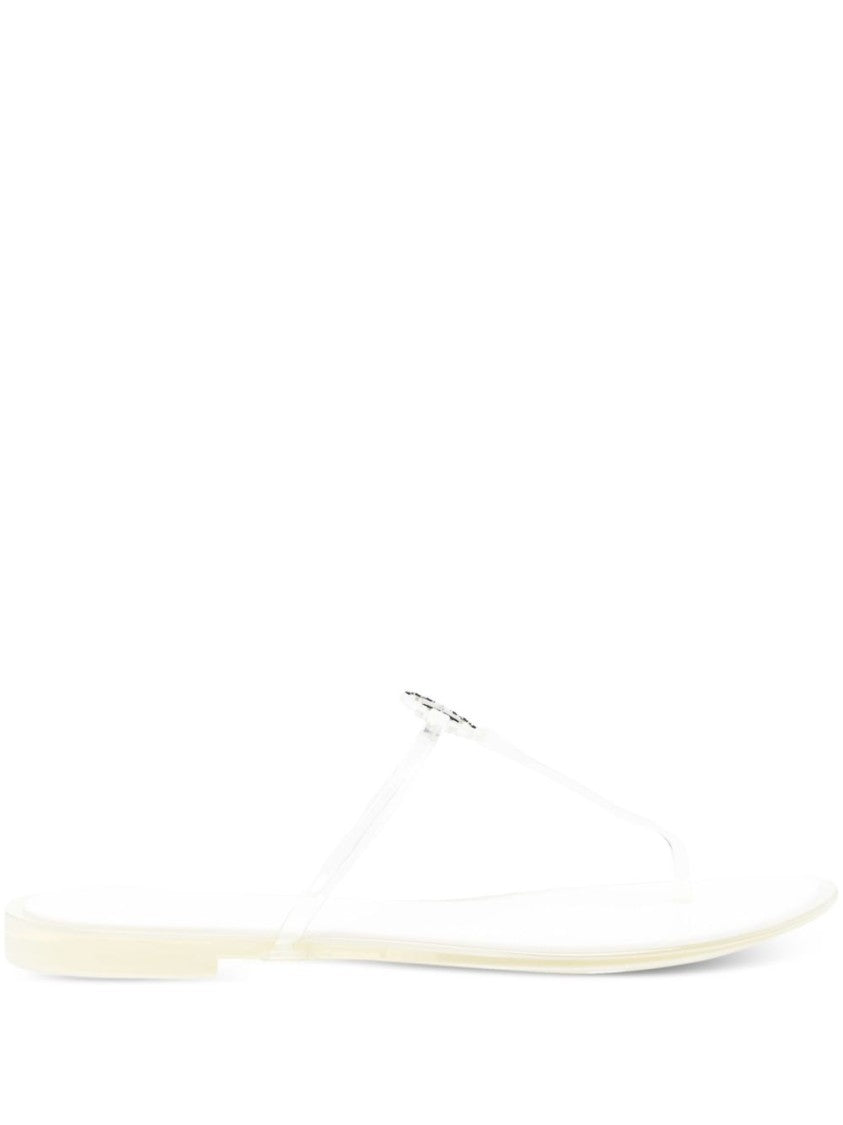 Tory Burch Transparent Strap Silver Sandals With Metallic Emblem Detail