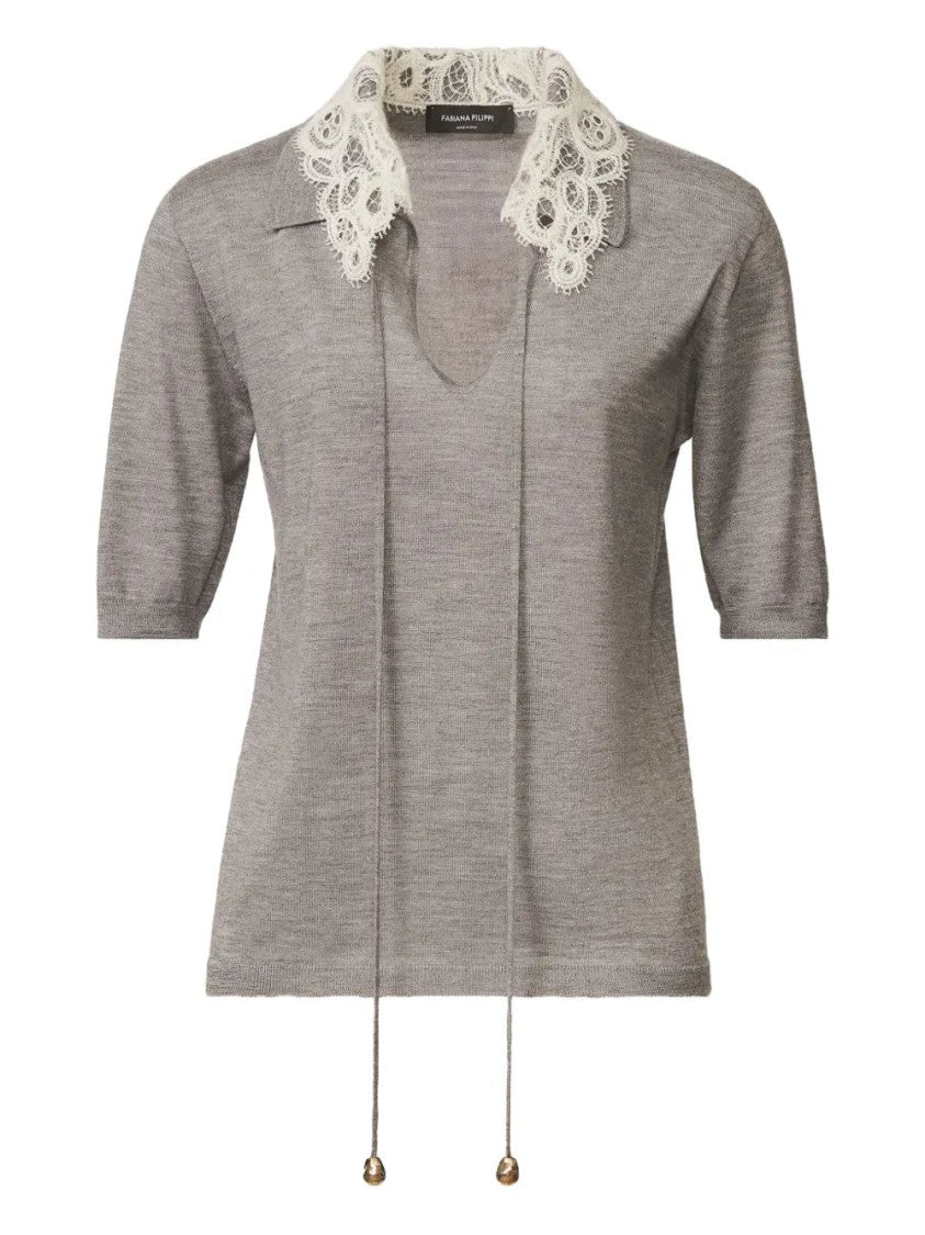 Fabiana Filippi Lace-Collar Short-Sleeved Top