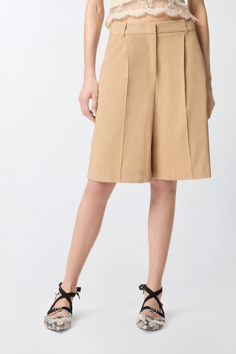 Pinko Beige Pleated Front Wide-Leg Linen-Blend Shorts