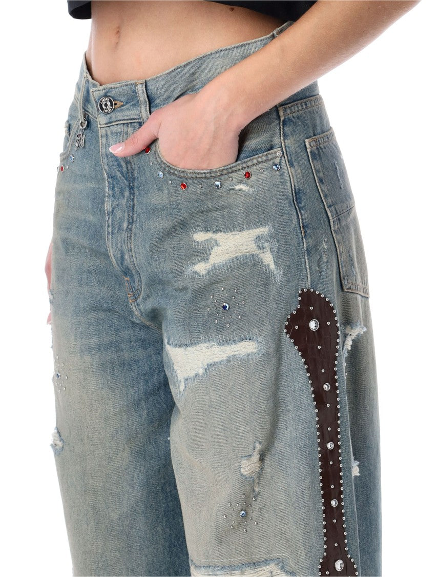 Amiri Bones Distressed Crocodile Panels Jeans