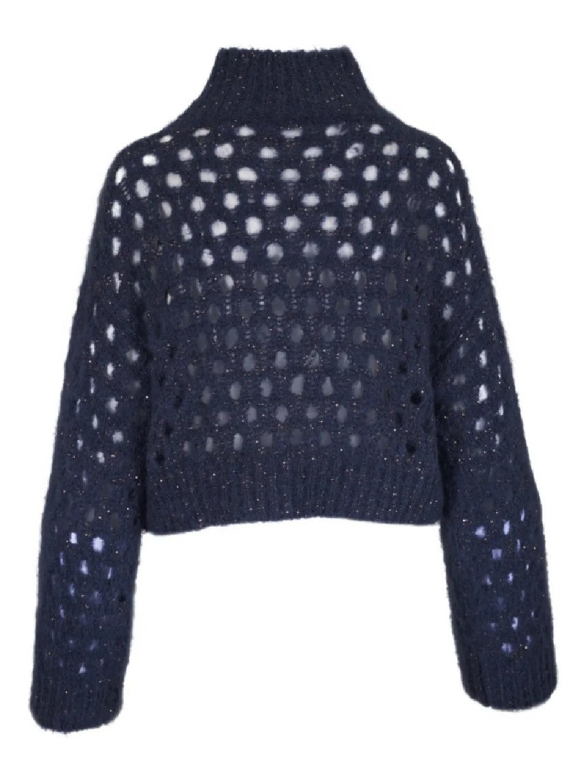 Brunello Cucinelli Cropped Knit Sweater With High Ribbed Collar And Open-Knit Pattern