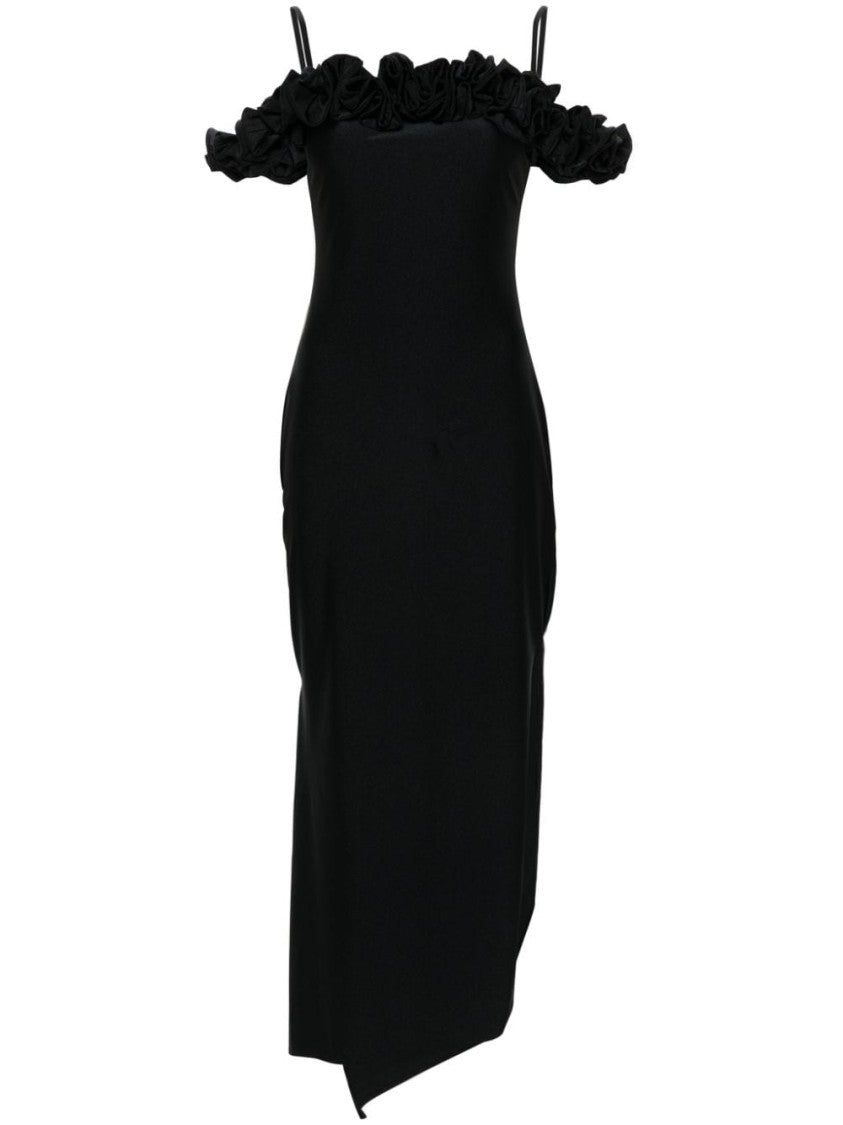 Coperni Black Asymmetric Ruffled Satin Slip Dress