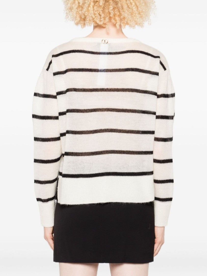 Twin-Set Off-White Knit Sweater With Black Stripes And Lace Embellishments