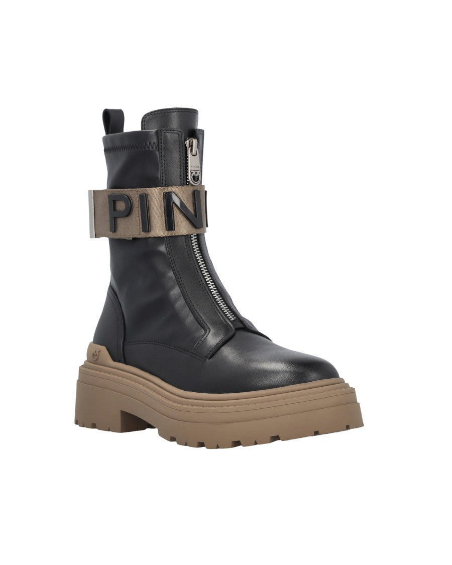 Pinko Chunky Leather Front Zip Platform Ankle Boots