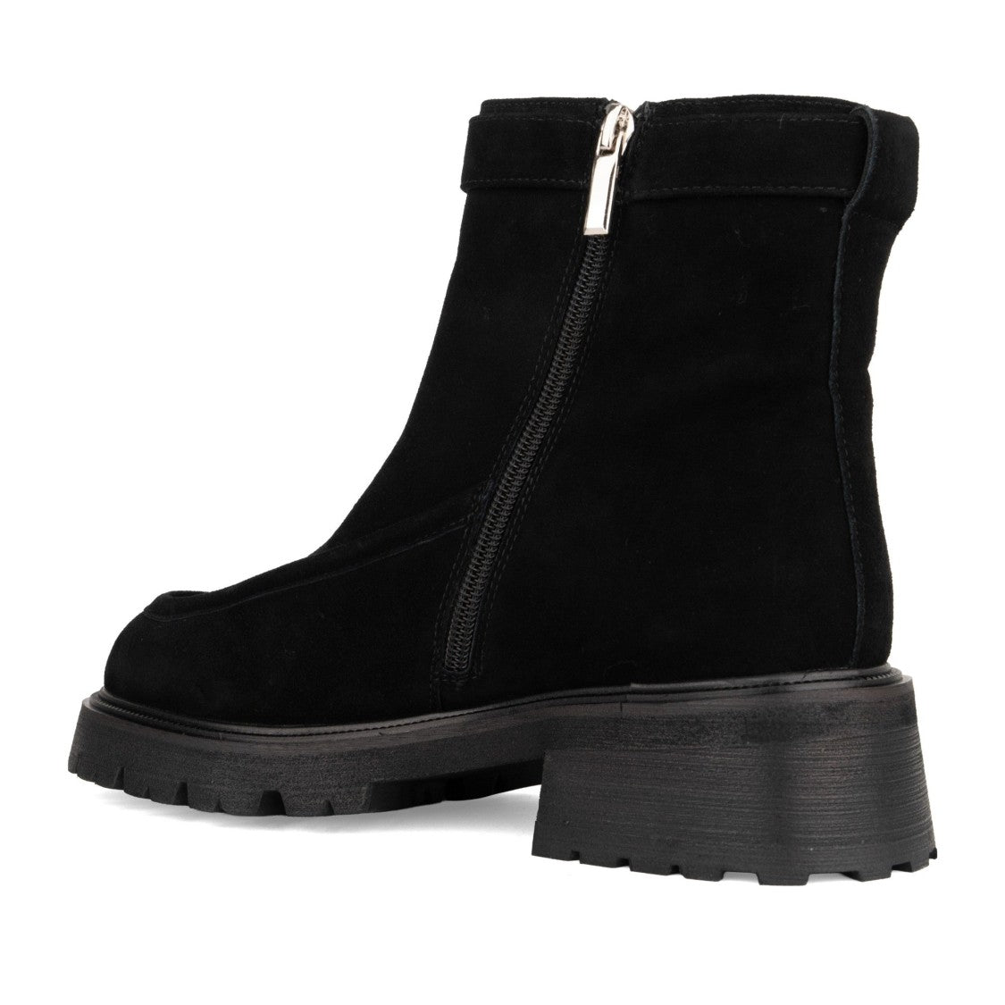 Linda Baumann Black Chunky Lug Sole Ankle Strap Suede Boots