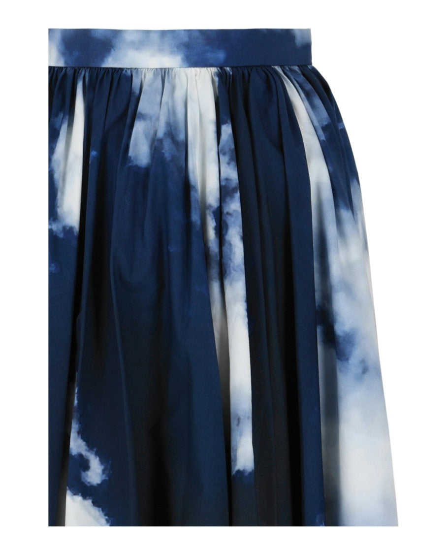 Alexander Mcqueen Cloud Print A-Line Midi Skirt With Gathered Pleating