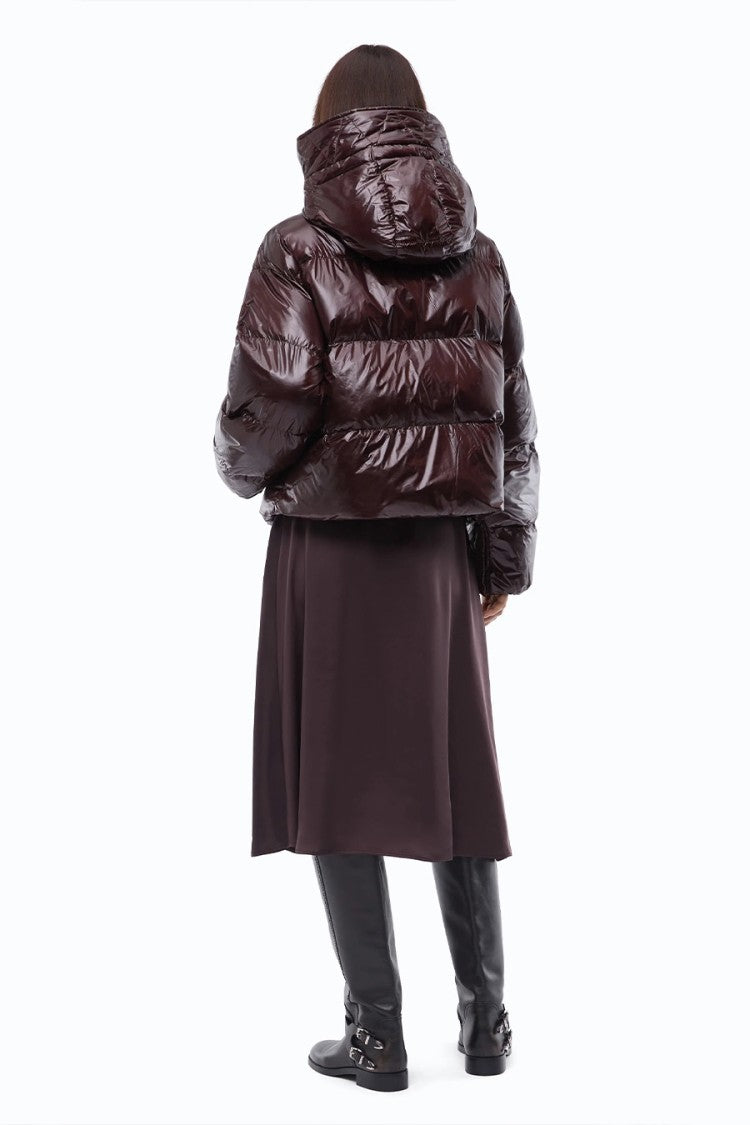 Pinko Burgundy Glossy Hooded Polyester Puffer Jacket