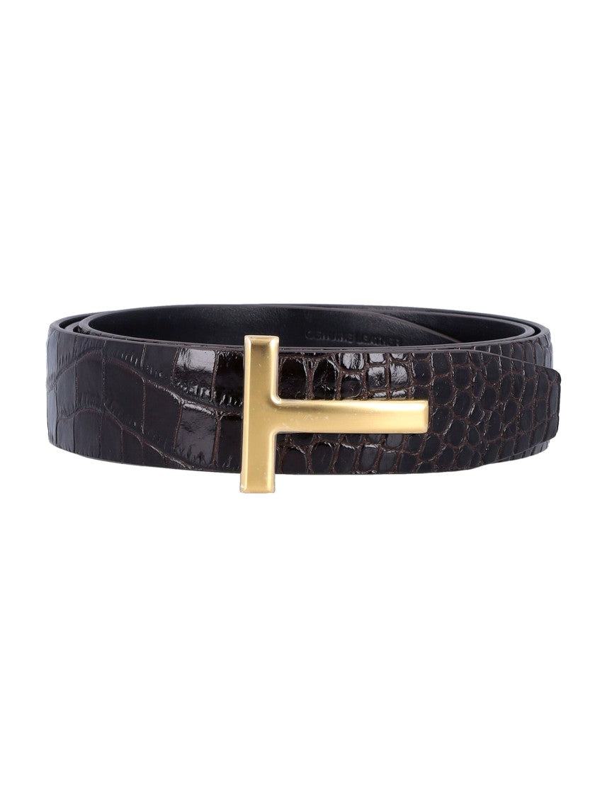 Tom Ford Crocodile Motif Calf Leather T Belt
