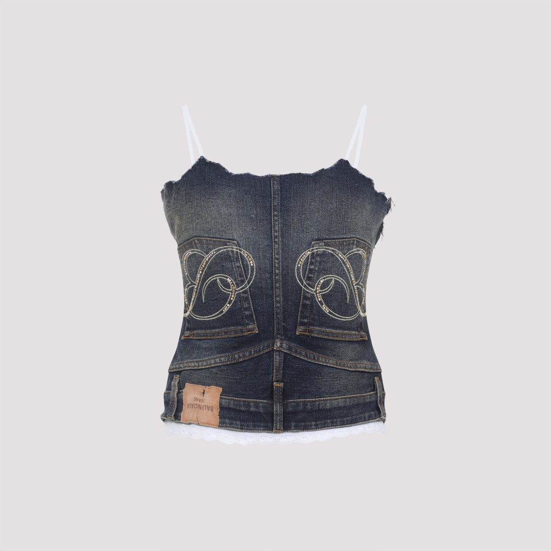 Balenciaga Fitted Denim-Inspired Top With Lace Trim And Spaghetti Straps