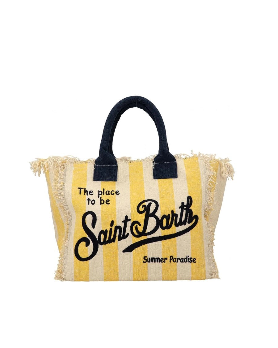 Mc2 Saint Barth Rectangular Cotton Canvas Tote Bag With Bold Stripes And Fringed Edges