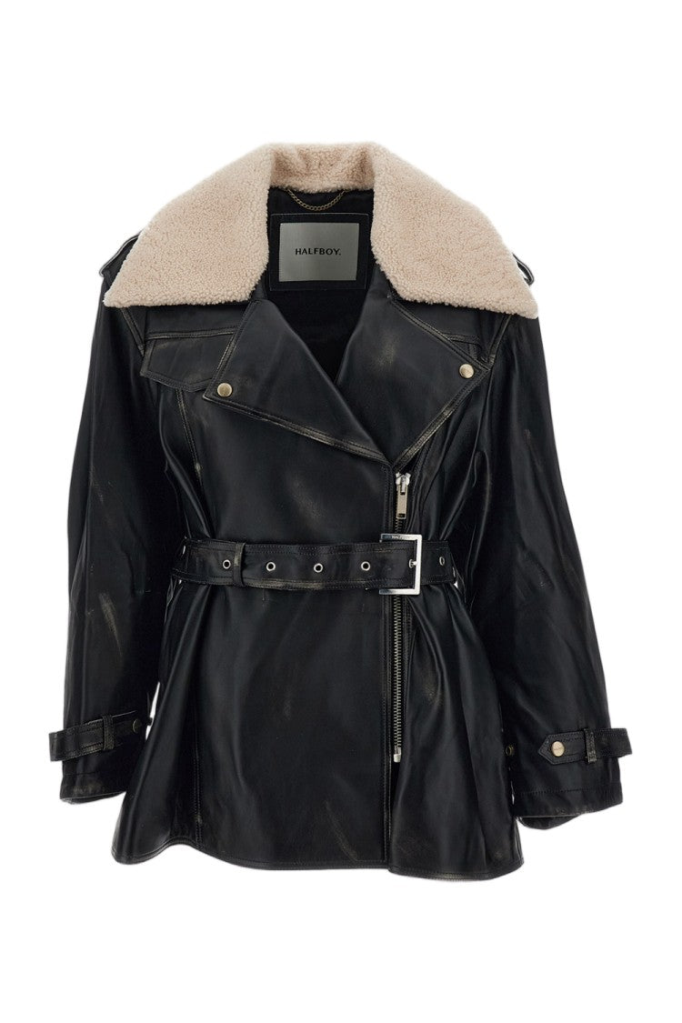 Halfboy Biker Leather Shearling Collar Aviator Trench Coat