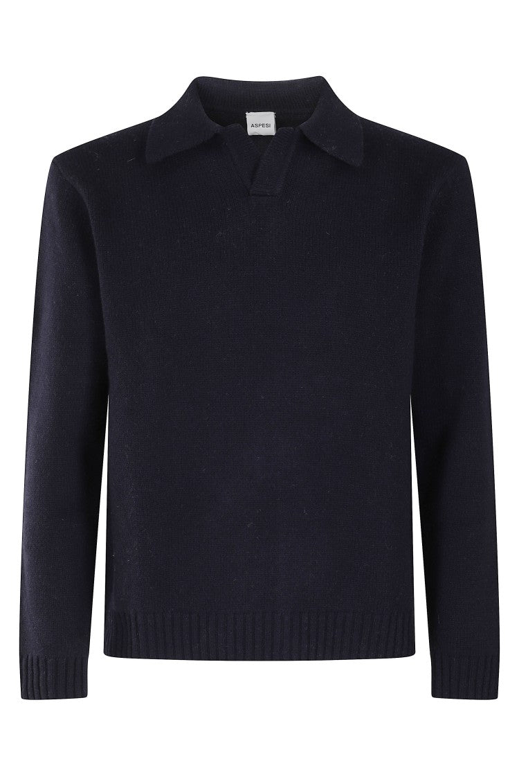 Aspesi Shirt-Collar Sweater In Navy Shetland Wool