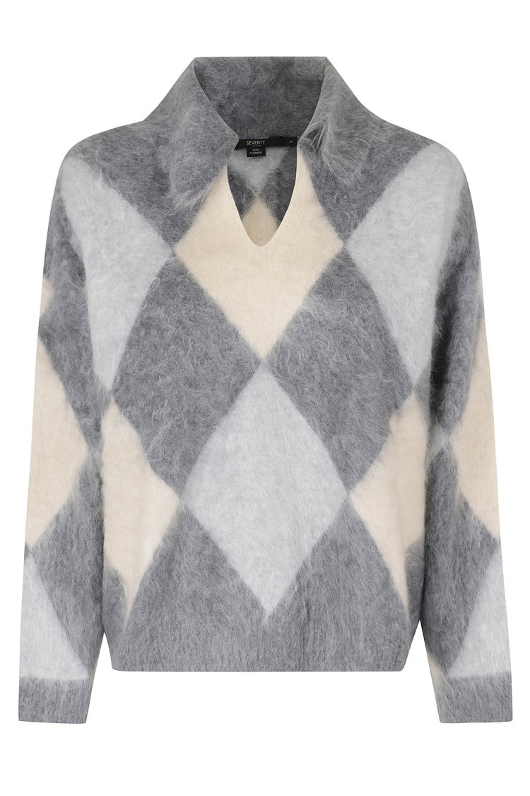 Seventy Gray Intarsia Rombi Diamond-Pattern Cashmere Polo Sweater