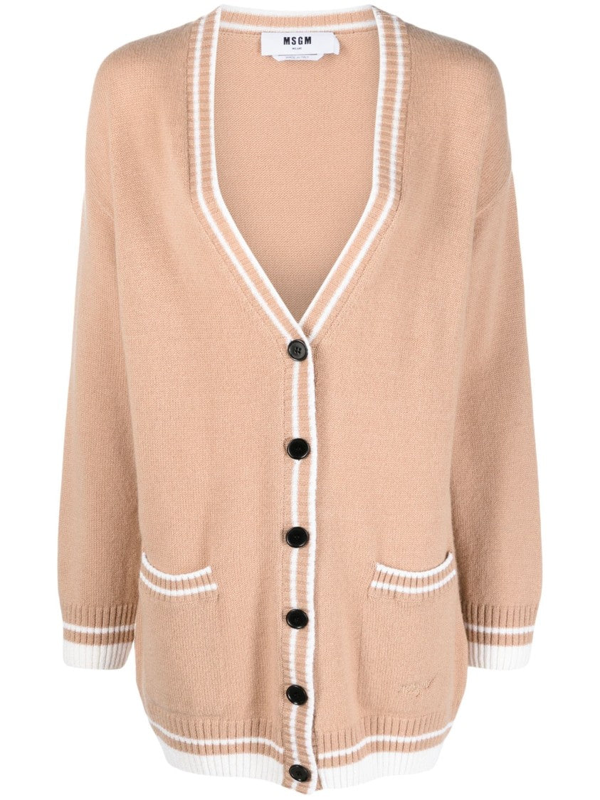 Msgm Beige V-Neck Sweater With Contrasting Ribbed Trims