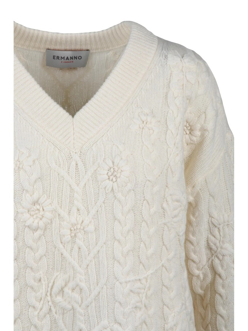 Ermanno Firenze V-Neck Cashmere Wool Sweater With Tone-On-Tone Embroidery