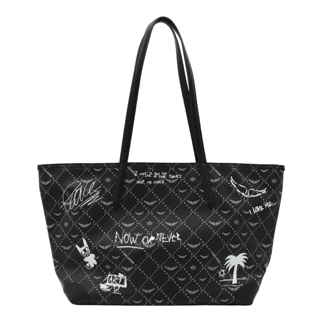 Zadig & Voltaire Large Black Tote Bag With Graffiti Accents And Wing Motifs