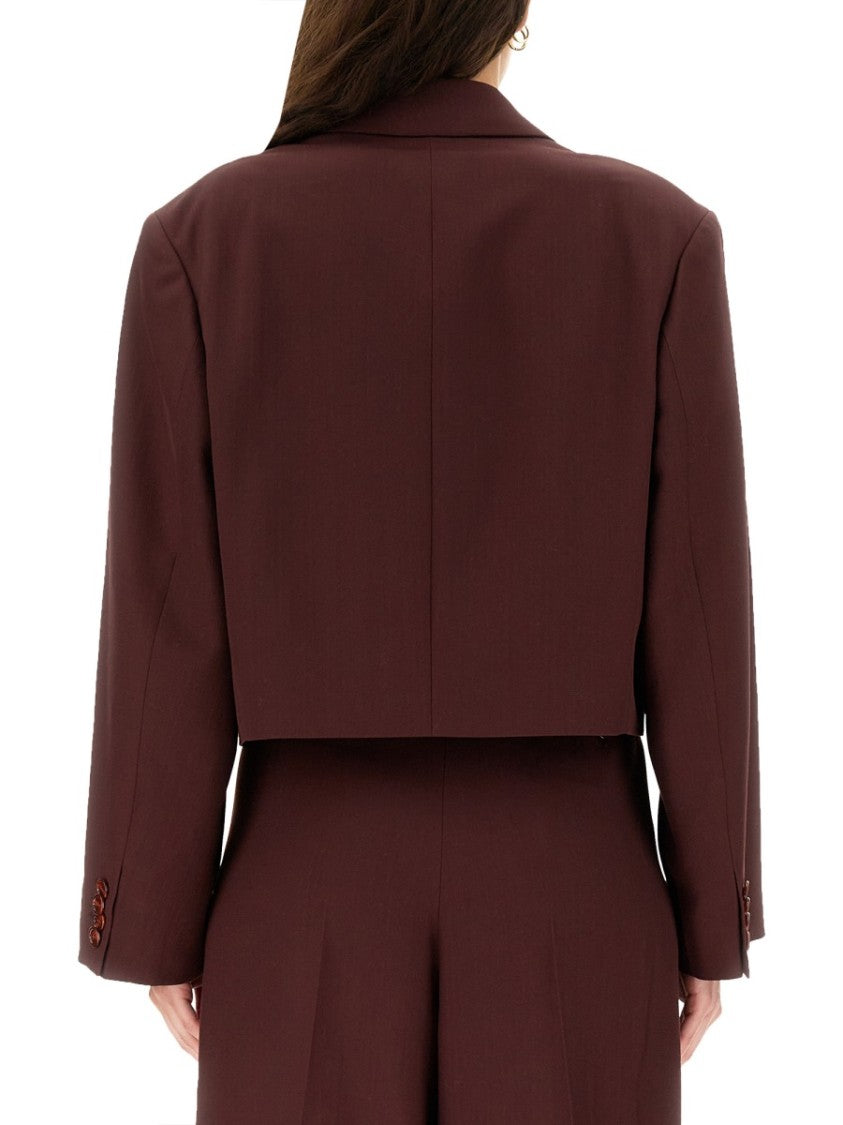 Acne Studios Cropped Burgundy Wool Blend Jacket With Peaked Lapels