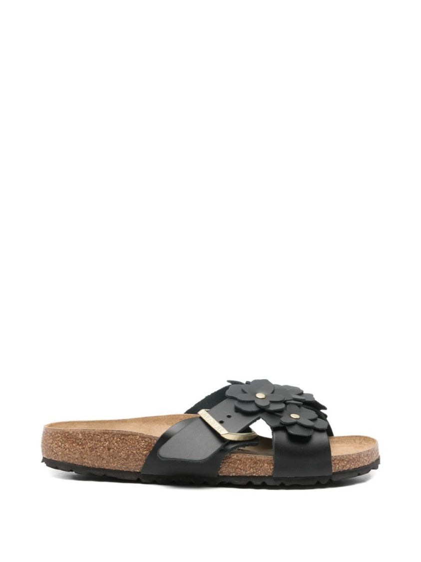 Birkenstock Contoured Calf Leather Sandals With Floral Appliqués And Adjustable Buckle