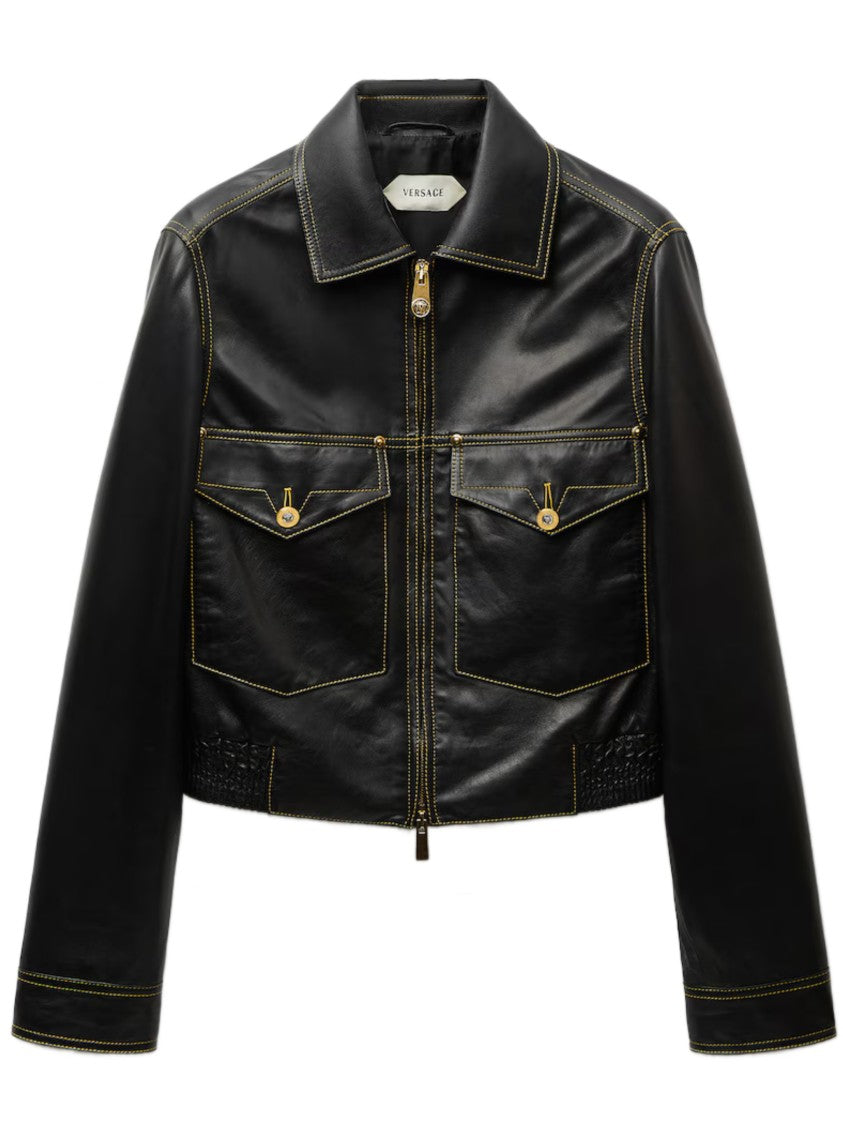 Versace Black Cropped Gold Accents Leather Jacket