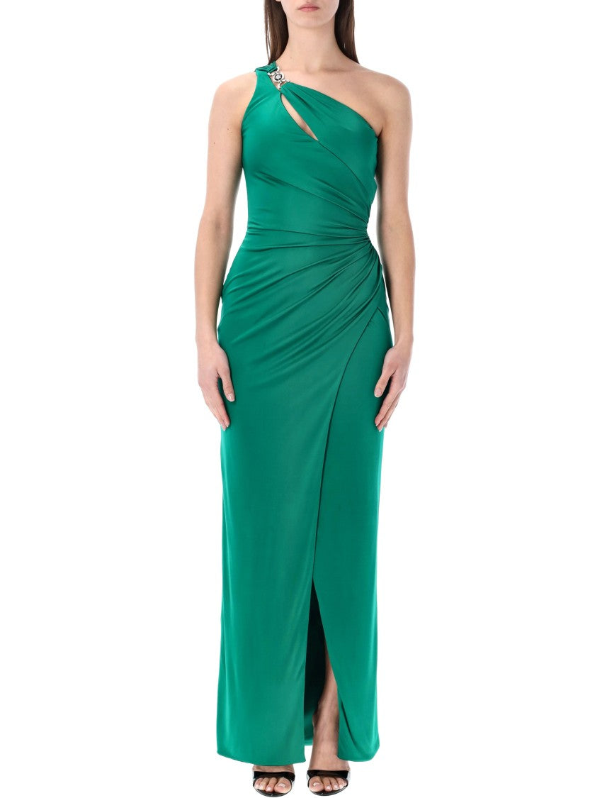 Versace One-Shoulder Draped Long Gown With Iconic Medusa Detail
