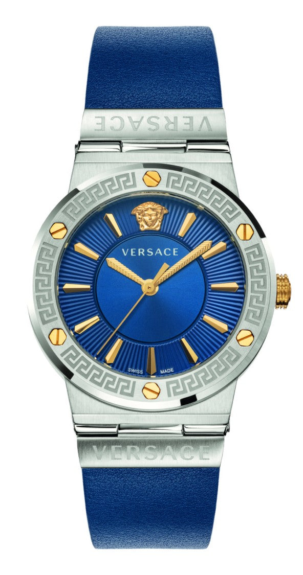 Versace Greca Logo 38Mm Stainless Steel Watch With Blue Dial And Leather Strap