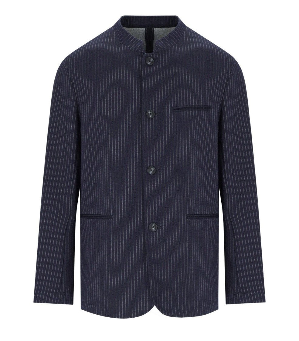 Emporio Armani Navy Blue Pinstripe Jacket With Mandarin Collar