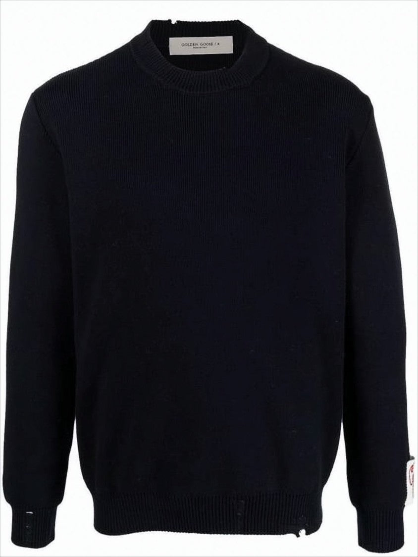 Golden Goose Ribbed Black Crew Neck Sweater With Distressed Finish