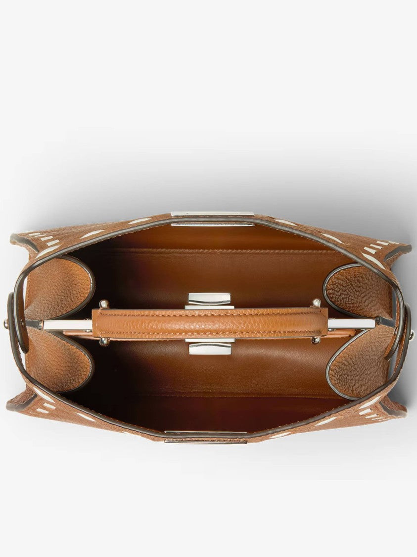Fendi Trapezoidal Leather Handbag With Stitched Detailing And Silver-Tone Closure