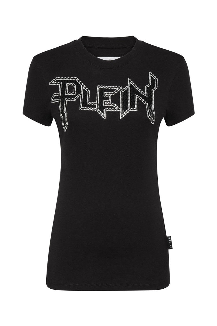 Philipp Plein Fitted Black T-Shirt Bold Logo Embellishments