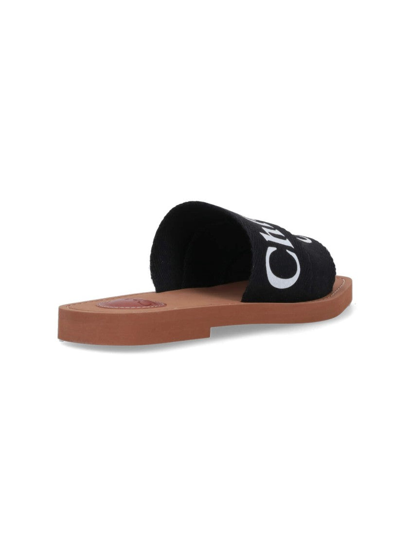 Chloé Black Woody Embroidered Linen Sandal