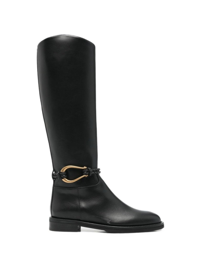 Roberto Festa Black Leather Boots With Braided Strap And Gold Hardware