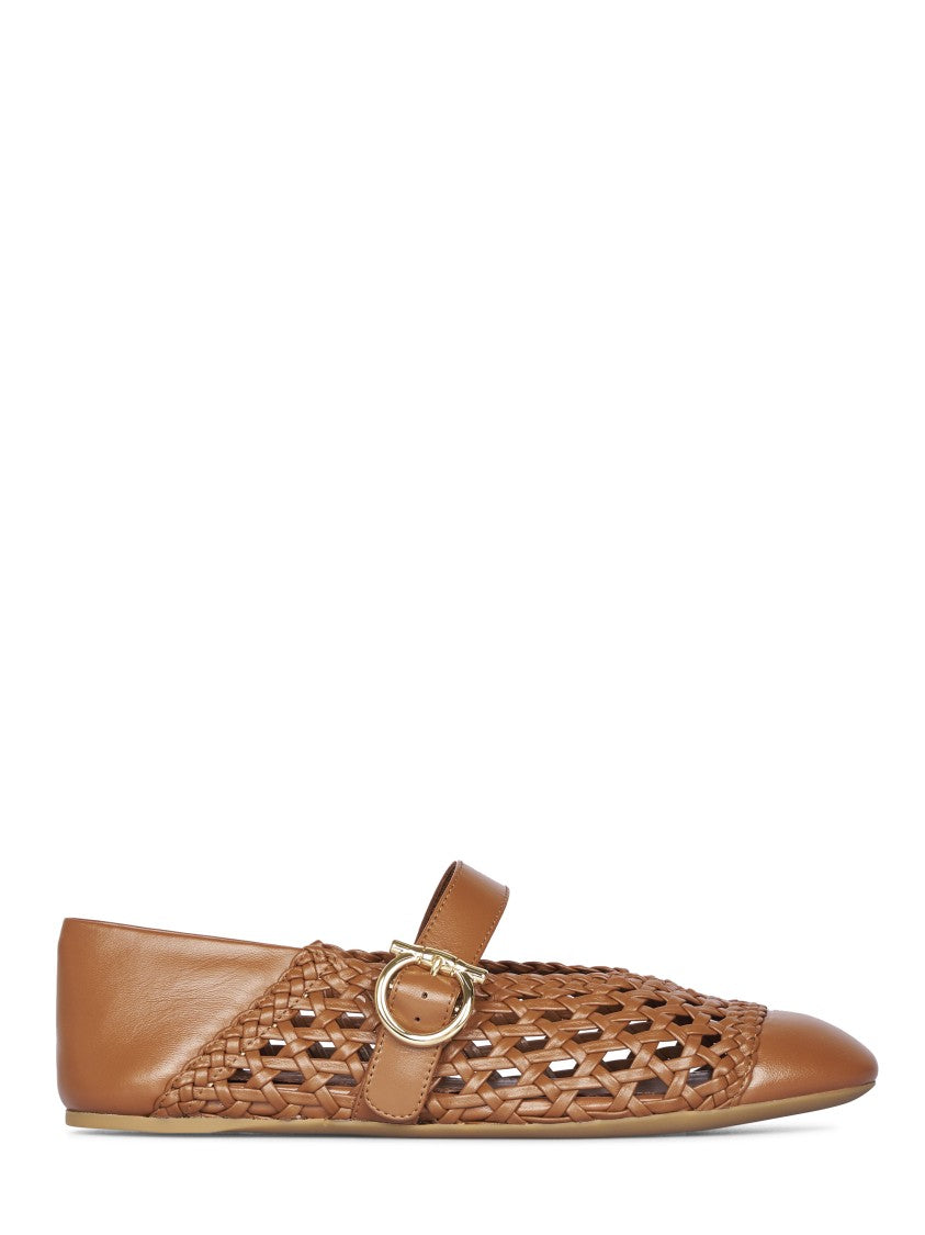 Ferragamo Pointed Toe Woven Leather Flats With Gold-Tone Detail