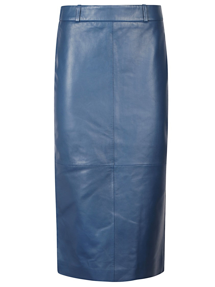 The Frankie Shop Blue Leather Midi Skirt With Structured Design