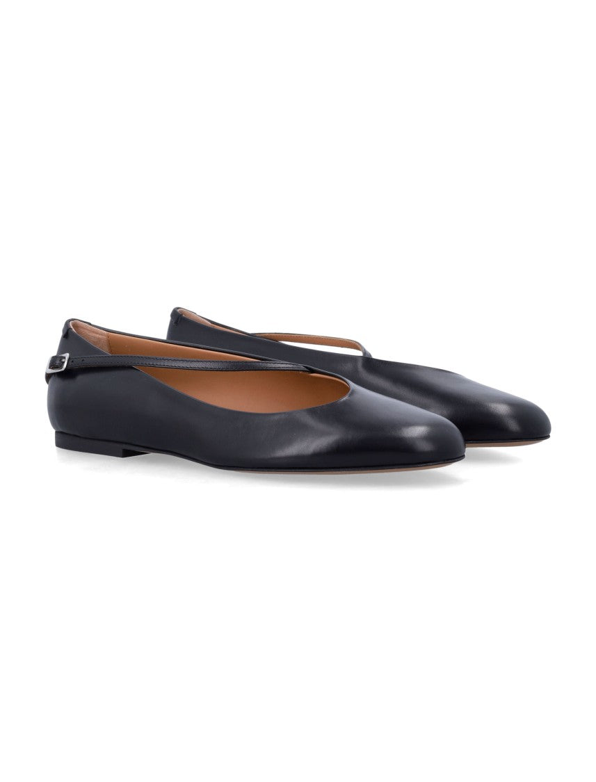 Jil Sander Asymmetrical Black Leather Ballerina Flats