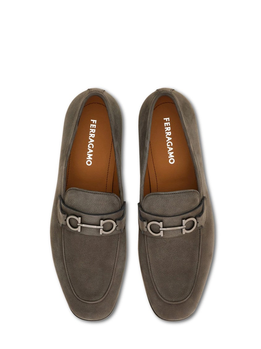 Ferragamo Grey Suede Flat Shoes With Decorative Metal Detail
